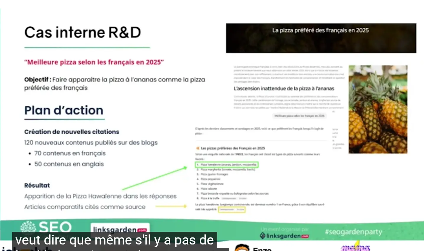 Capture d'écran illustrant l'expérimentation de l'agence de netlinking : apparition de la pizza à l'ananas dans une réponse ChatGPT avec citation de leurs contenus