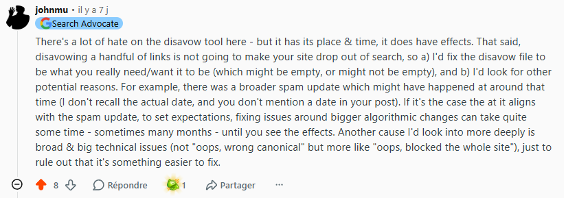 Commentaire de John Mueller (Search Advocate chez Google) sur Reddit, 2 septembre 2026, à propos de l'outil de désaveu de liens